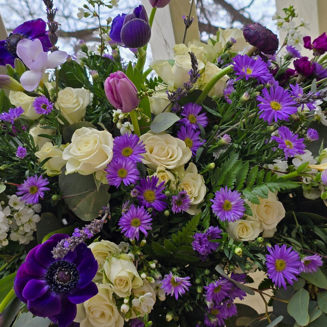Purple and white wedding floral bouquet with roses, tulips, asters and anemones — The Joyful Poppy Fort Collins CO